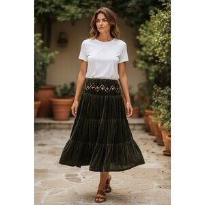 Meghan Los Angeles Womens Velvet Midi Skirt M Green / Gold Polyester Sequins VTG